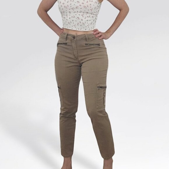 Design Lab Womens Mid Rise Sand Khaki Slim Straight Cargo Utility Pants- 31 - Picture 2 of 13